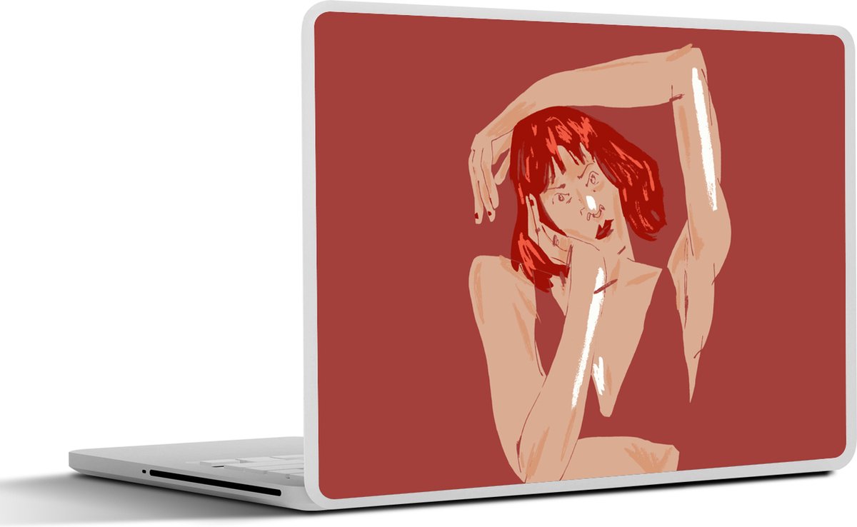Laptop sticker - 13.3 inch - Vrouw - Rood - Abstract - Portret - 31x22,5cm - Laptopstickers - Laptop skin - Cover