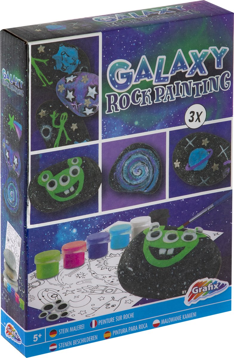 Grafix Galaxy Rock Painting - Set voor Happy Stones met 3 stenen, 5 kleuren verf, zilveren sterren en stickervel - Creatief speelgoed voor kinderen vanaf 5 jaar - Inclusief kwast — afbeelding 7