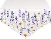 HAES DECO - Tafelloper - formaat 50x160 cm - kleuren Wit / Paars / Geel - van 100% Katoen - Collectie: Lavender Field - Tafellaken, Tafellinnen, Tafeltextiel