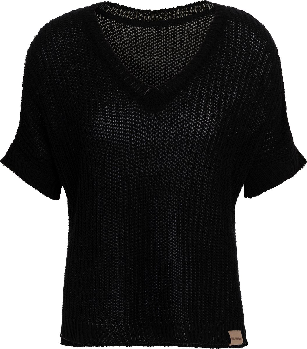 Knit Factory Daisy Gebreide Dames Top - Trui met korte mouwen - Gebreide t-shirt - T-shirt - Shirt gemaakt van 80% gerecyceld katoen - Duurzaam & milieuvriendelijk - Korte mouw - V-hals - Zwart - 36/44