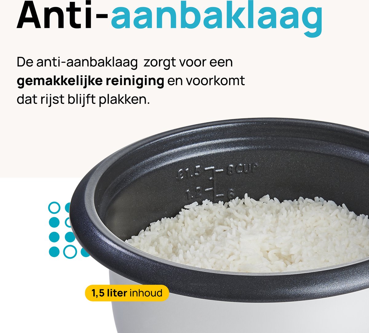 MOA Rijstkoker met Stomer 1,5 liter - Warmhoudfunctie - Anti-Aanbaklaag - BPA- en PFAS-vrij - Vaatwasserbestendig - Klein - Zwart thumbnail 4