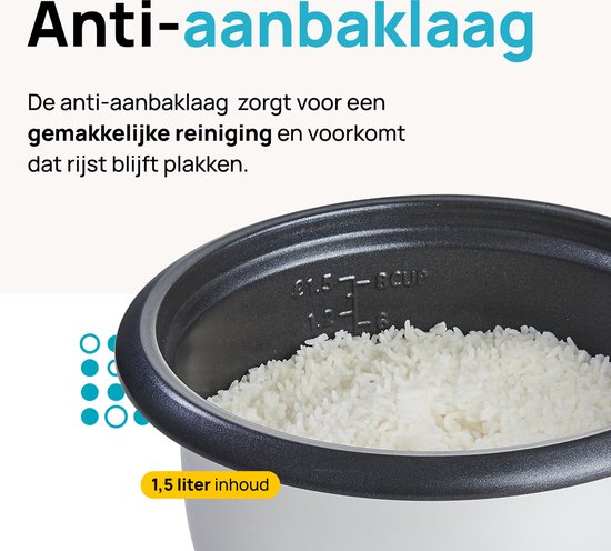 Rijstkoker met anti-aanbaklaag, 1,5 liter inhoud, met gestoomde rijst.