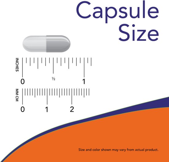 Grijze en witte capsule naast een liniaal. Toont capsulegrootte in inches en millimeters.