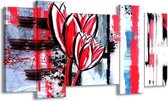 GroepArt - Schilderij - Tulp - Rood, Zwart, Wit - 120x65 5Luik - Foto Op Canvas - GroepArt 6000+ Schilderijen 0p Canvas Art Collectie - Wanddecoratie