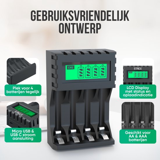 Acculader 4 Bay | Huishoudelijke batterijladers Smart USB AA