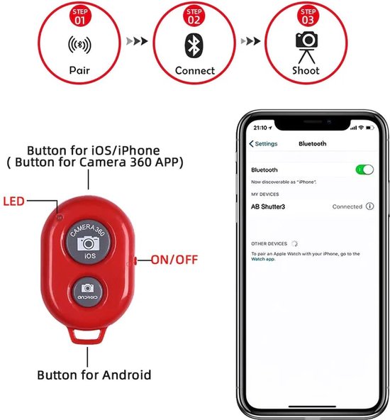 NÖRDIC BTS-01 - Bluetooth sluiter voor smartphones, tablet en camera - tot 10m afstand - incl. batterij - Rood - NÖRDIC