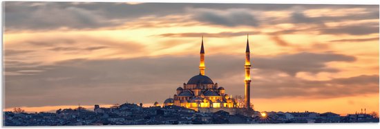 WallClassics - Acrylglas - Süleymaniye-Moskee op Begin van de Avond in Istanbul, Turkije - 90x30 cm Foto op Acrylglas (Met Ophangsysteem)