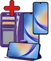 Hoesje Geschikt voor Samsung A34 Hoesje Book Case Hoes Portemonnee Cover Walletcase Met Screenprotector - Hoes Geschikt voor Samsung Galaxy A34 Hoes Bookcase Hoesje - Paars