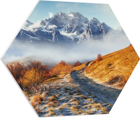 PVC Schuimplaat Hexagon - Bergpad op Berg in de Wolken bij Sneeuwbergen - 80x69.6 cm Foto op Hexagon (Met Ophangsysteem)