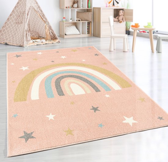 the carpet Beat Kids Modern Soft Kinderdeken, Zachte pool, gemakkelijk te reinigen, Kleurecht, Regenboogpatroon, Roze, 200 x 280 cm
