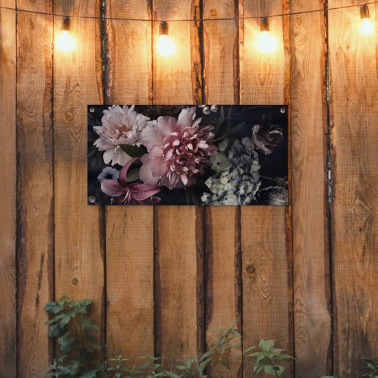 Affiche de jardin Fleurs - Vintage - Pastel - Rose - Wit - 80x40 cm - Décoration murale extérieure - Affiche de jardin - Toile de jardin - Affiche clôture - Peinture de jardin