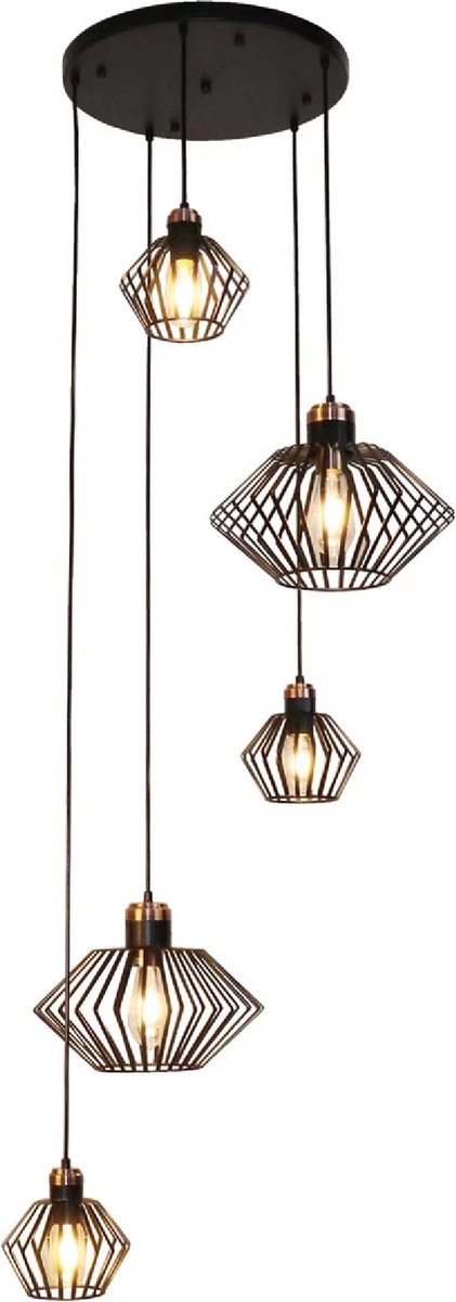 SHURU 5x E27 pendel zwart+koper