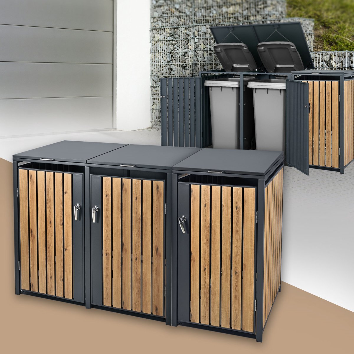 Container Ombouw voor 3 containers tot 240 l, 200 x 80 x 120 cm, van staal met eikenhoutlook ML-Design