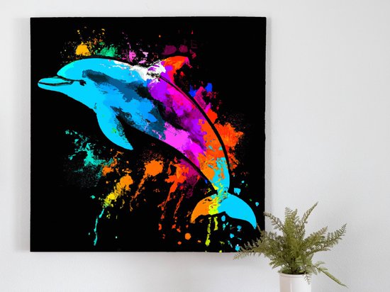 Rainbow Dolphin Burst kunst - 40x40 centimeter op Canvas | Foto op Canvas - wanddecoratie