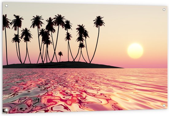 Tuinposter – Silhouet van Palmbomen op Onbewoond Eiland in de Oceaan bij Zonsondergang - 120x80 cm Foto op Tuinposter (wanddecoratie voor buiten en binnen)