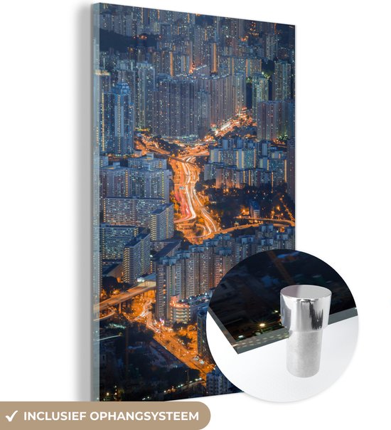 MuchoWow® Glasschilderij 40x60 cm - Schilderij acrylglas - Hong kong - Architectuur - Autos - Foto op glas - Schilderijen