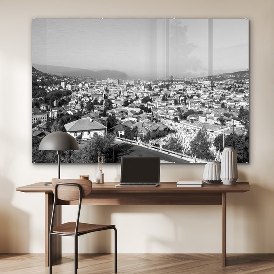 MuchoWow® Peinture sur verre 150x100 cm - Peinture sur verre acrylique - Toits traditionnels de Sarajevo en Bosnie-Herzégovine - noir et blanc - Photo sur verre - Peintures