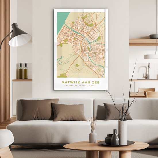 MuchoWow® Peinture sur verre 80x120 cm - Peinture sur verre acrylique - Carte - Katwijk aan Zee - Vintage - Photo sur verre - Peintures - Plan de la ville