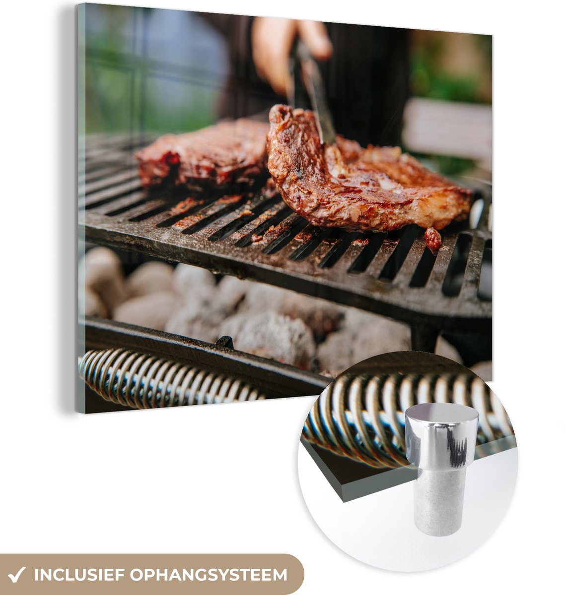 MuchoWow® Glasschilderij 40x30 cm - Schilderij acrylglas - BBQ - Grill - Vlees - Foto op g