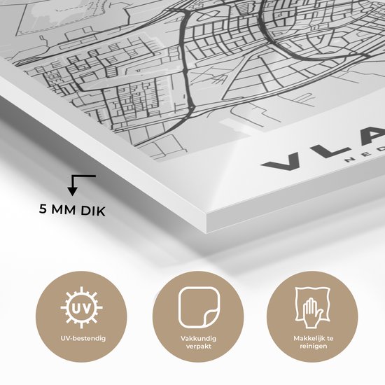 MuchoWow® Peinture sur verre 100x150 cm - Peinture sur verre acrylique - Plan de la ville - Vlaardingen - Grijs - Wit - Photo sur verre - Peintures - Carte