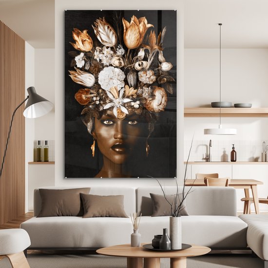 Peintures sur verre - Femme - Fleurs - Zwart - 100x150 cm - Peintures Plexiglas