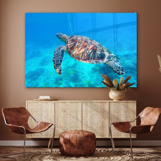 MuchoWow® Peinture sur Verre - Tortue - Mer - Blauw - 180x120 cm - Peintures sur Verre Acrylique - Photo sur Glas