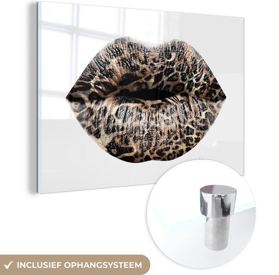 MuchoWow® Glasschilderij 30x20 cm - Schilderij acrylglas - Lippen - Tijgerprint - Wit - Foto op glas - Schilderijen