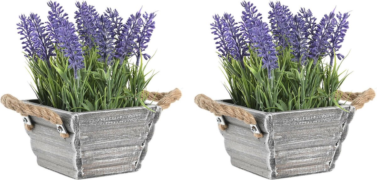Items Kunstplant/bloem Lavendel - 2x - in bloempot - paarse bloemen - 15 x 20 cm