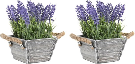 Fleurs de Lavande plante artificielle en pot de fleurs - 2x - fleurs violettes - 15 x 20 cm - composition florale