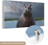 MuchoWow® Glasschilderij 160x80 cm - Schilderij acrylglas - Nijlpaard - Water - Wolken - Foto op glas - Schilderijen