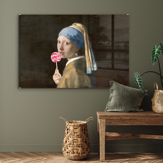 MuchoWow® Peinture sur Verre - Fille à la Perle - Johannes Vermeer - Sucette - 90x60 cm - Peintures sur Verre Acrylique - Photo sur Glas