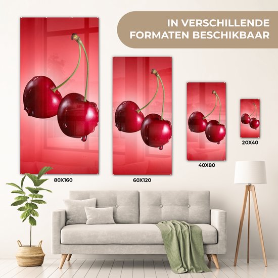 MuchoWow® Glasschilderij 80x160 cm - Schilderij acrylglas - Kersen - Fruit - Rood - Foto op glas - Schilderijen