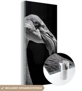 MuchoWow® Glasschilderij 40x80 cm - Schilderij acrylglas - Dierenportret flamingo in zwart-wit - Foto op glas - Schilderijen