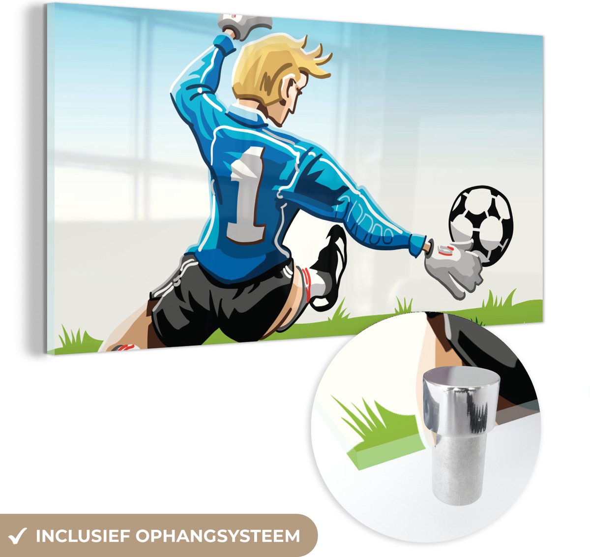 ® Glasschilderij 80x40 cm - Schilderij acrylglas - Een illustratie van een keeper die de voetbal stopt - Jongens - Meisjes - Kinderen - Foto op glas - Muurdecoratie woonkamer - Wanddecoratie slaapkamer - Schilderijen