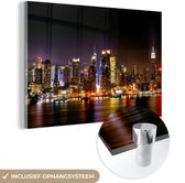 MuchoWow® Glasschilderij 90x60 cm - Schilderij acrylglas - New York - Manhattan - Skyline - Foto op glas - Schilderijen