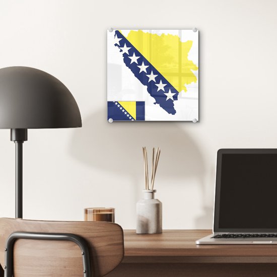 MuchoWow® Peinture sur verre 20x20 cm - Peinture sur verre acrylique - Une illustration de la Bosnie-Herzégovine dans la couleur du drapeau - Photo sur verre - Peintures