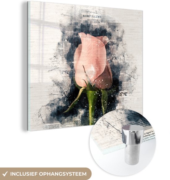 MuchoWow® Glasschilderij 20x20 cm - Schilderij acrylglas - Rozen - Bloemen - Rook - Krant - Foto op glas - Schilderijen