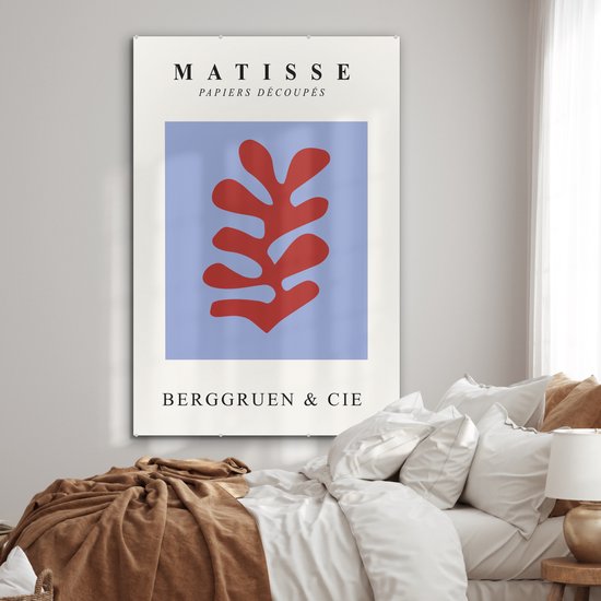 MuchoWow® Peinture sur verre 100x150 cm - Peinture sur verre acrylique - Matisse - Feuille - Rouge - Blauw - Abstrait - Photo sur verre - Peintures