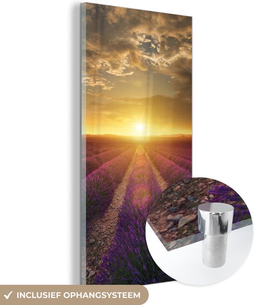 MuchoWow® Glasschilderij 20x40 cm - Schilderij acrylglas - Zonsondergang - Lavendel - Frankrijk - Foto op glas - Schilderijen