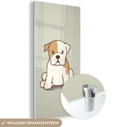 MuchoWow® Glasschilderij 20x40 cm - Schilderij acrylglas - Een illustratie van een puppy van een buldog - Foto op glas - Schilderijen