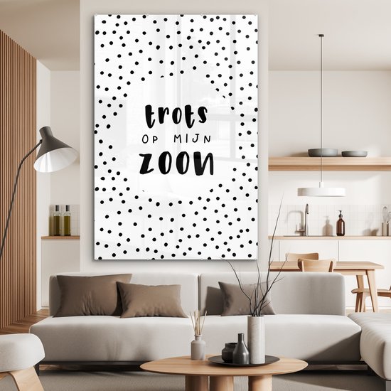 MuchoWow® Glasschilderij 100x150 cm - Schilderij acrylglas - Cadeau Zoon - Kinderen - Trots op mijn Zoon - Spreuk - Tekst - Foto op glas - Schilderijen