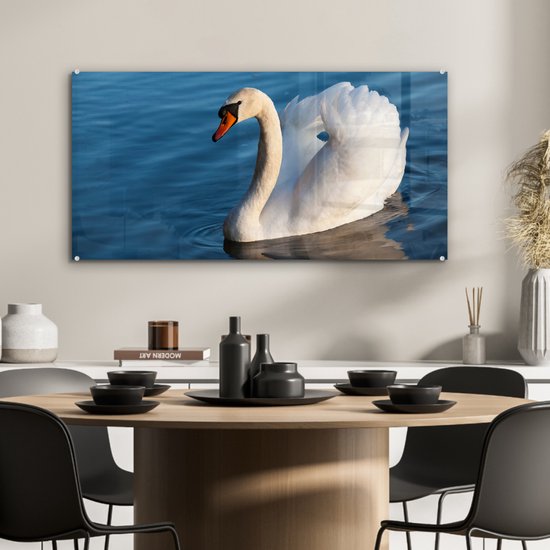 Glasschilderij - Foto op glas - Acrylglas - Zwaan - Vogel - Water - Landschap - 80x40 cm - Schilderij glas - Glasschilderij vogels - Glasschilderij dieren - Kamer decoratie