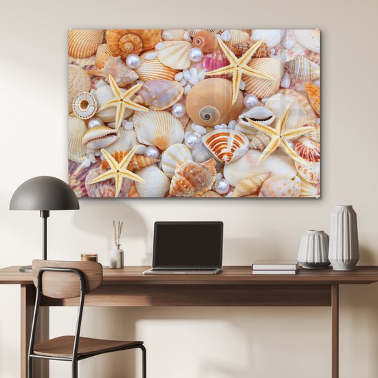 Peinture sur verre - Photo sur verre - Coquillage - Perles - Étoile de mer - Décoration murale - 90x60 cm - Peinture sur verre - Décoration murale - Photo sur verre - Peinture sur verre plage - Verre acrylique