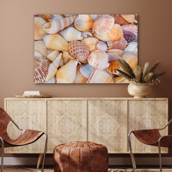 MuchoWow - Peinture sur verre - Plaque acrylique - Coquillages - Oranje - Jaune - Plage - Décoration murale - Peinture sur verre - Peinture sur verre mer - 120x80 cm - Photo sur verre - Verre acrylique