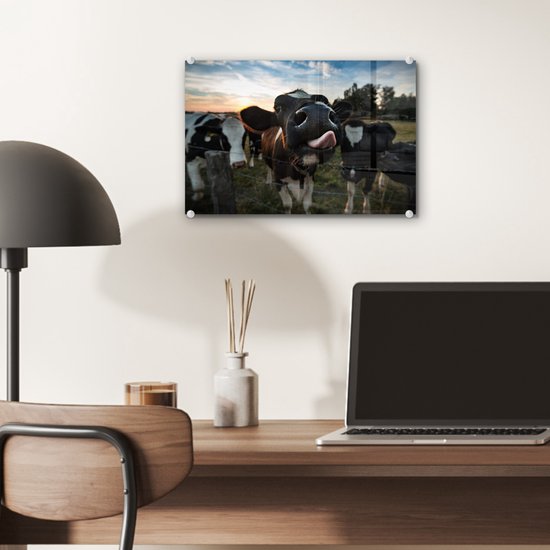 MuchoWow® Peinture sur verre 30x20 cm - Peinture sur verre acrylique - Vache - Animal - Gros plan - Photo sur verre - Peintures