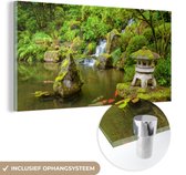 MuchoWow - Glasschilderij - Foto op glas - Acrylglas - Waterval - Koi - Japanse lantaarn - Mos - Water - Natuur - 160x80 cm - Glasschilderij natuur - Woondecoratie - Wanddecoratie