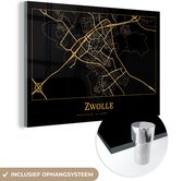 MuchoWow® Glasschilderij 90x60 cm - Schilderij acrylglas - Stadskaart - Zwolle - Goud - Zwart - Foto op glas - Schilderijen - Plattegrond