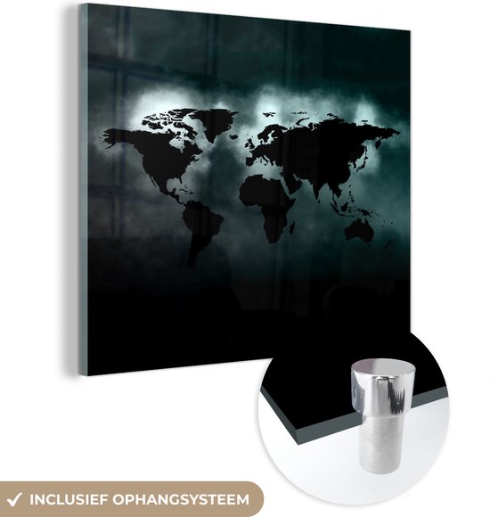 MuchoWow® Glasschilderij 50x50 cm - Schilderij acrylglas - Wereldkaart - Zwart - Licht - Foto op glas - Schilderijen