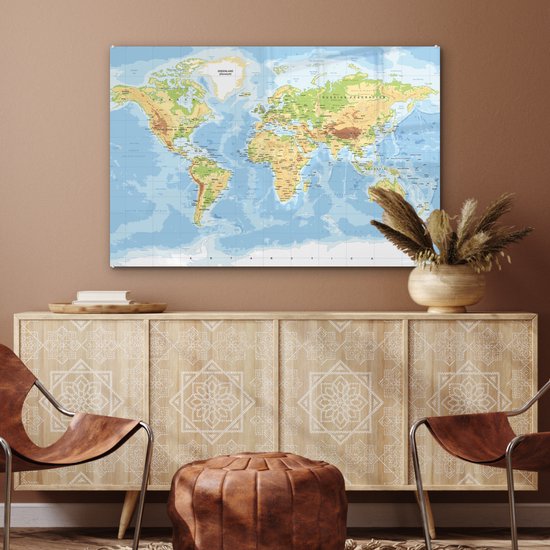 Tableau sur Verre - Carte du Wereldkaart - Géographie - Atlas - 120x80 cm - Peintures sur Verre Peintures - Photo sur Glas