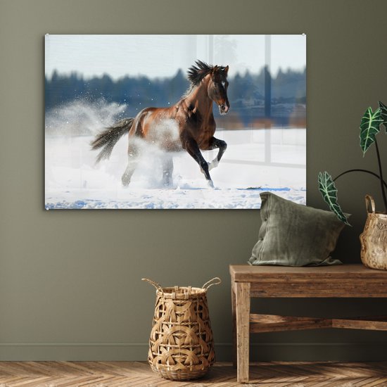MuchoWow® Peinture sur verre 120x80 cm - Peinture sur verre acrylique - Cheval - Neige - Hiver - Photo sur verre - Peintures